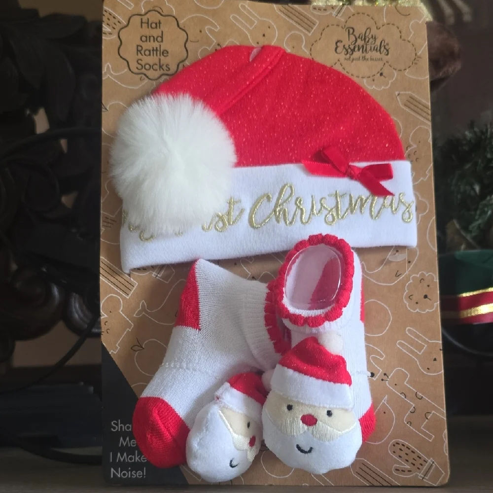 Baby Essentials Festive Red and White Hat and Sock Set